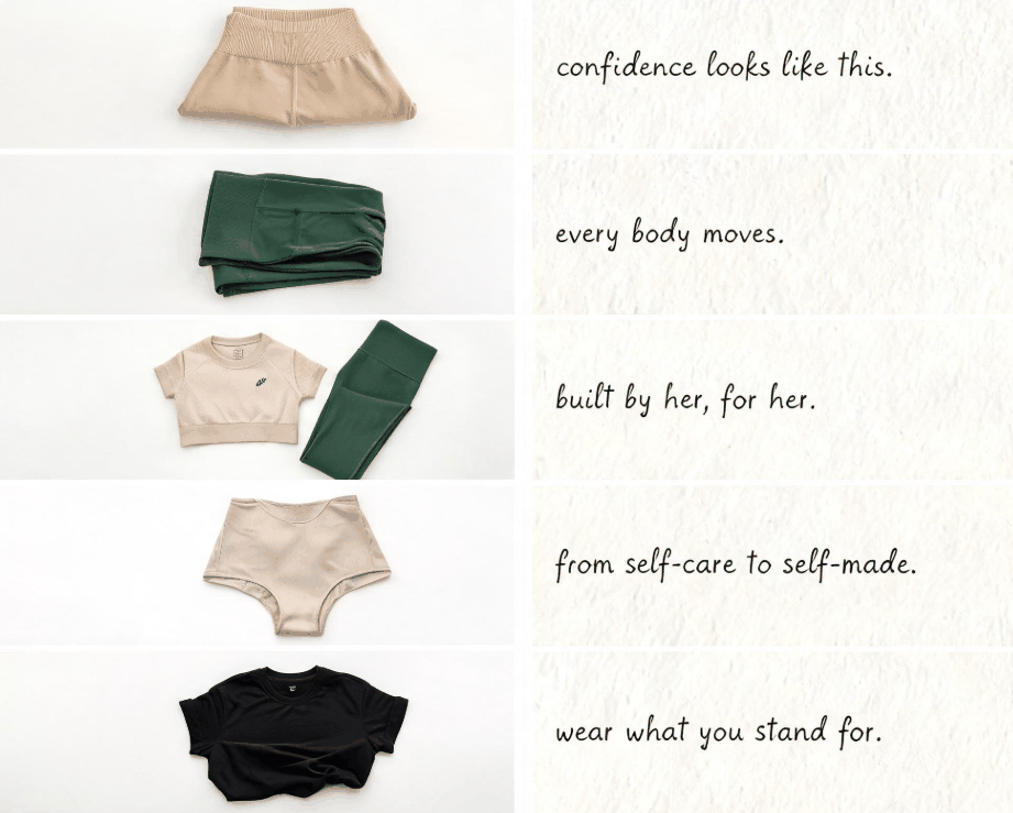 Five types of women's activewear: mission-first seamless, body-positive leggings, founder-driven cropped set, crossover bodysuit, statement print tee