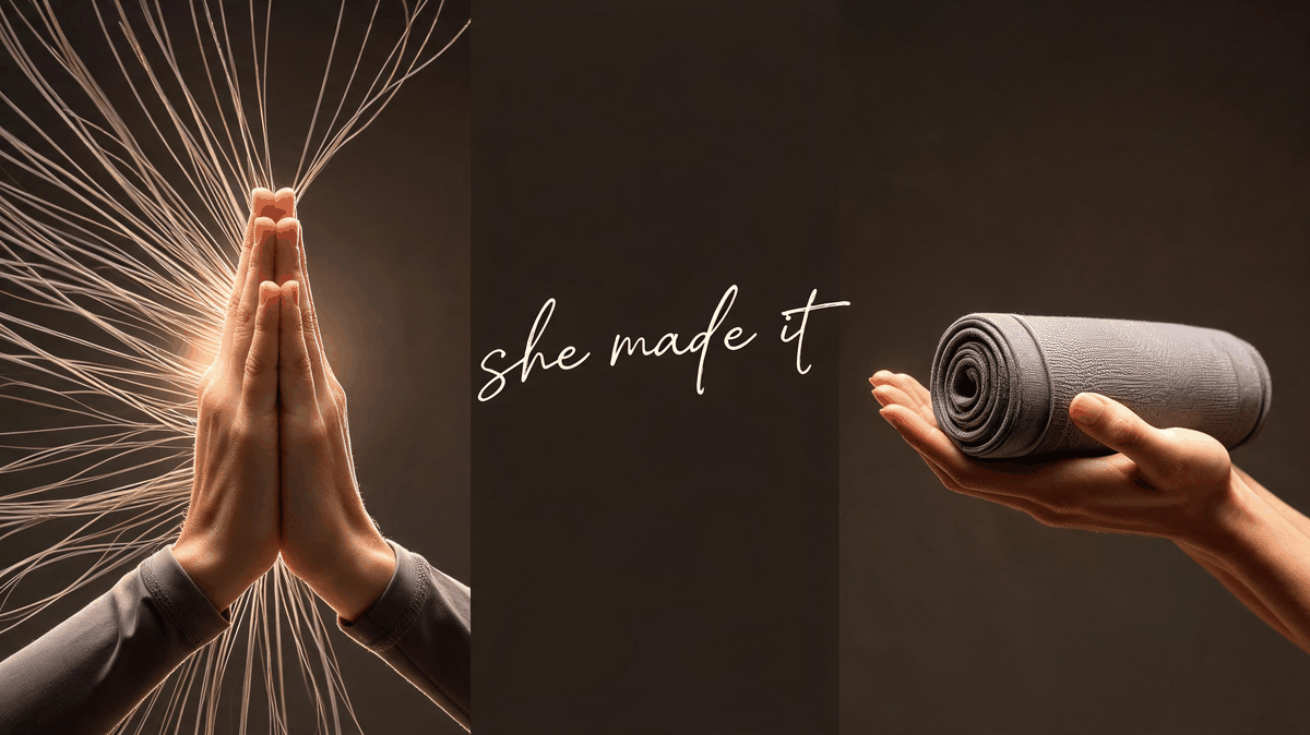 Anjali mudra hands with threads converging, hands cradling rolled fabric like an offering, she made it