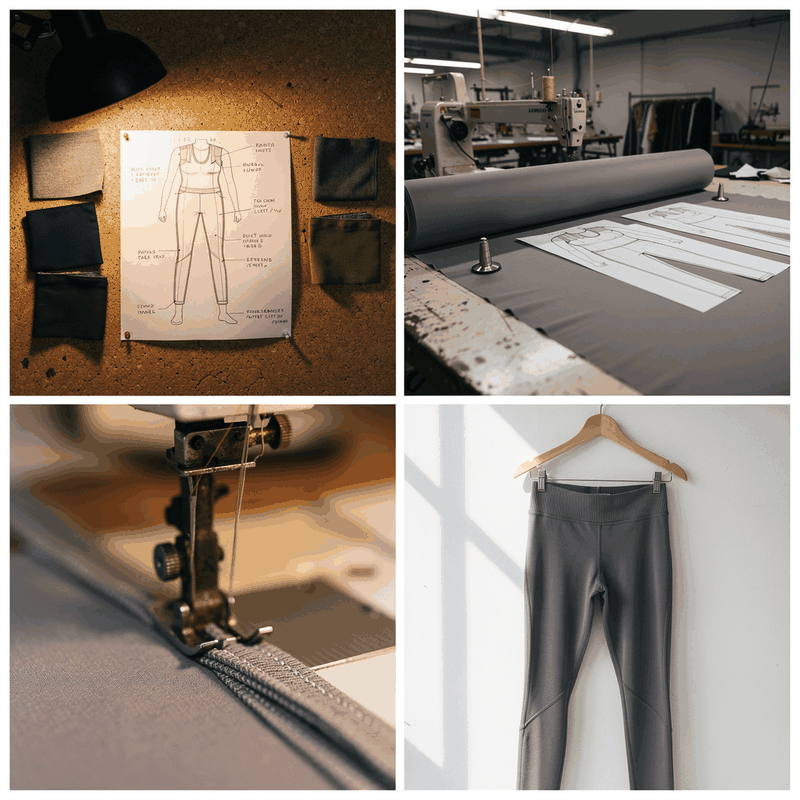Activewear manufacturing journey: design sketch to cutting table to sewing to finished garment