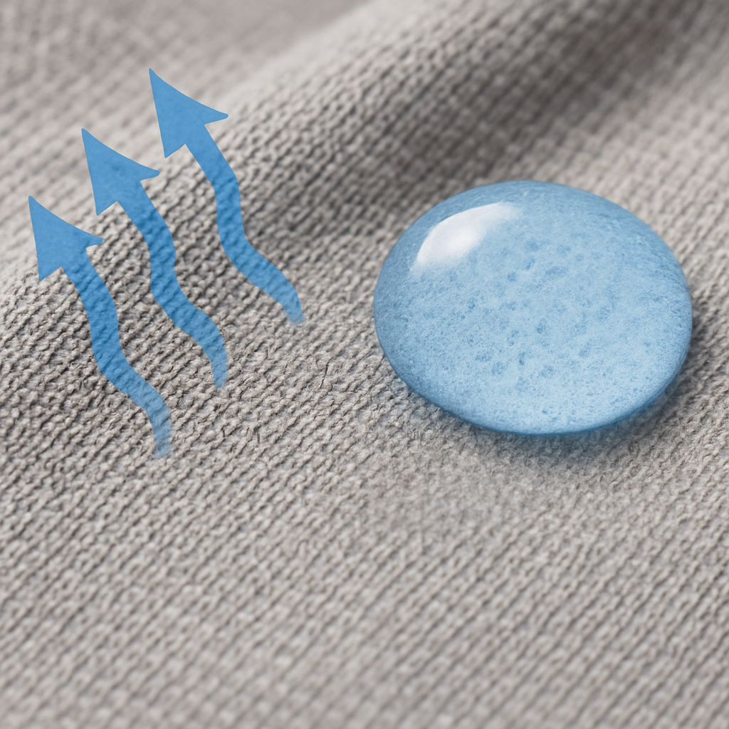 Close-up comparison of a cotton shirt saturated with sweat next to a dry, technical polyester fabric