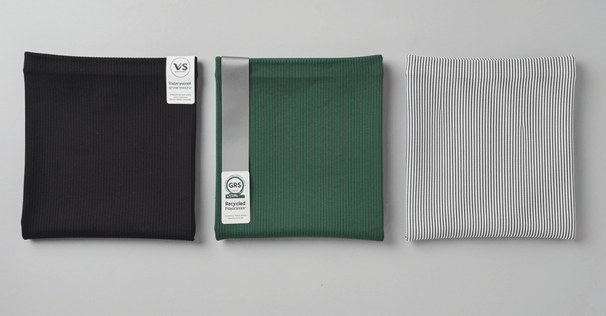 Three yoga legging fabric swatches side by side: virgin polyester charcoal black, recycled polyester olive green with GRS tag, nylon navy blue