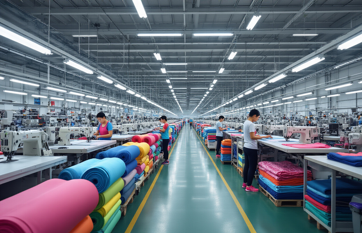Create a realistic image of a modern textile manufacturing facility in China with rows of industrial sewing machines and fabric cutting stations, featuring colorful rolls of athletic fabric materials in moisture-wicking synthetics and spandex blends, with Chinese male and female workers operating equipment, overhead fluorescent lighting illuminating the clean factory floor, stacks of finished activewear garments including leggings and sports tops visible in the background, conveying a professional and efficient manufacturing environment, absolutely NO text should be in the scene.