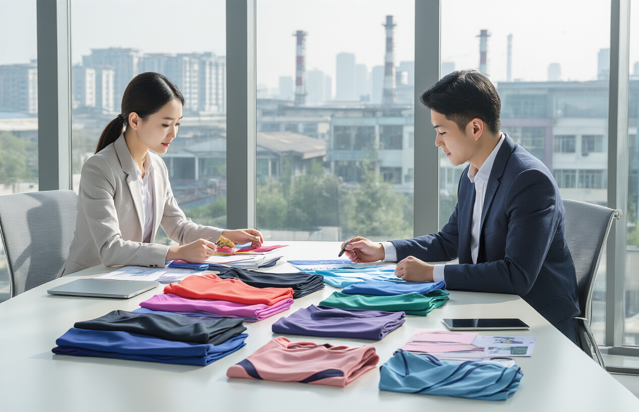 Create a realistic image of a professional business meeting scene showing an Asian male businessman in a suit presenting fabric samples and activewear prototypes on a conference table to a white female buyer who is examining the materials with a magnifying glass, set in a modern Chinese manufacturing office with large windows showing factory buildings in the background, bright natural lighting, both people appear focused and engaged in quality assessment, multiple colorful athletic wear samples spread across the table including leggings and sports bras, laptops and documents visible on the table, professional and trustworthy atmosphere, absolutely NO text should be in the scene.