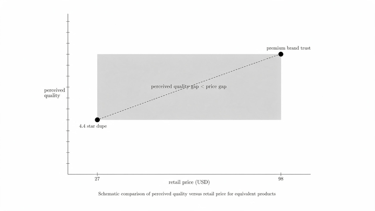 Chart: the perceived quality gap between a $27 dupe and a $98 premium legging is smaller than the price gap