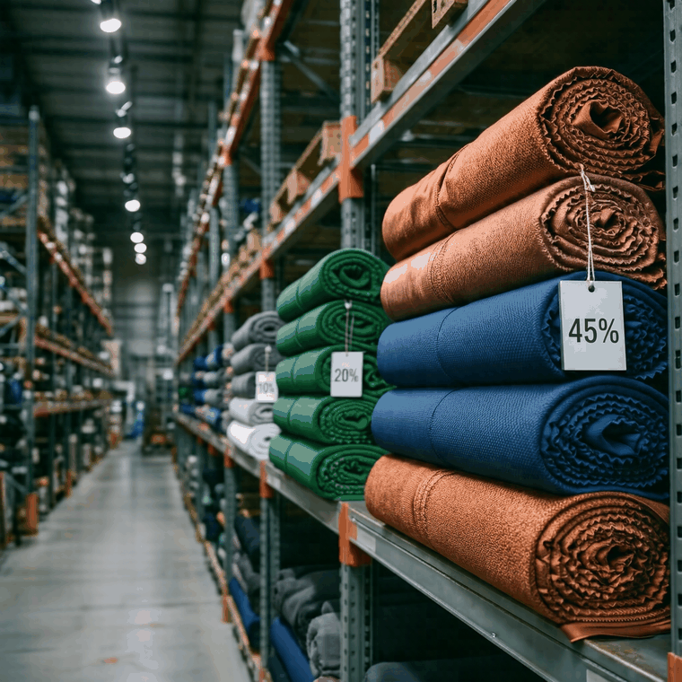 Activewear fabric rolls on warehouse shelves representing e-commerce platform market share distribution in Southeast Asia