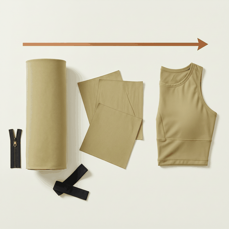 Activewear manufacturing flat lay from fabric roll to cut pieces to finished garment showing end-to-end production capability