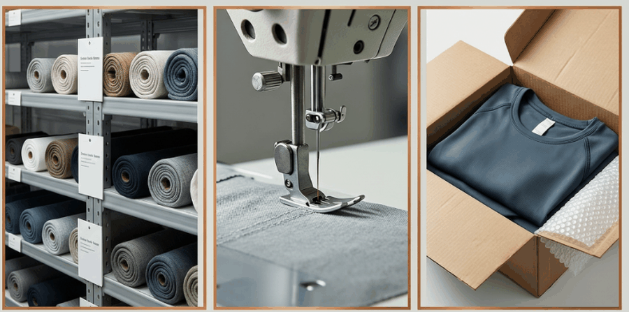 Activewear supply chain triptych raw fabric on shelves sewing machine needle macro finished top in shipping box