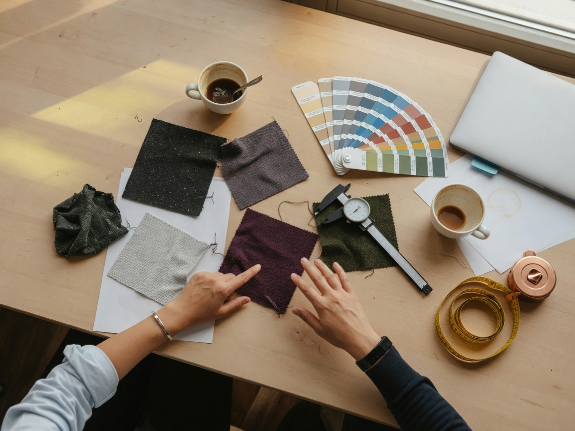 Brand team reviewing fabric swatches and specs before placing orders