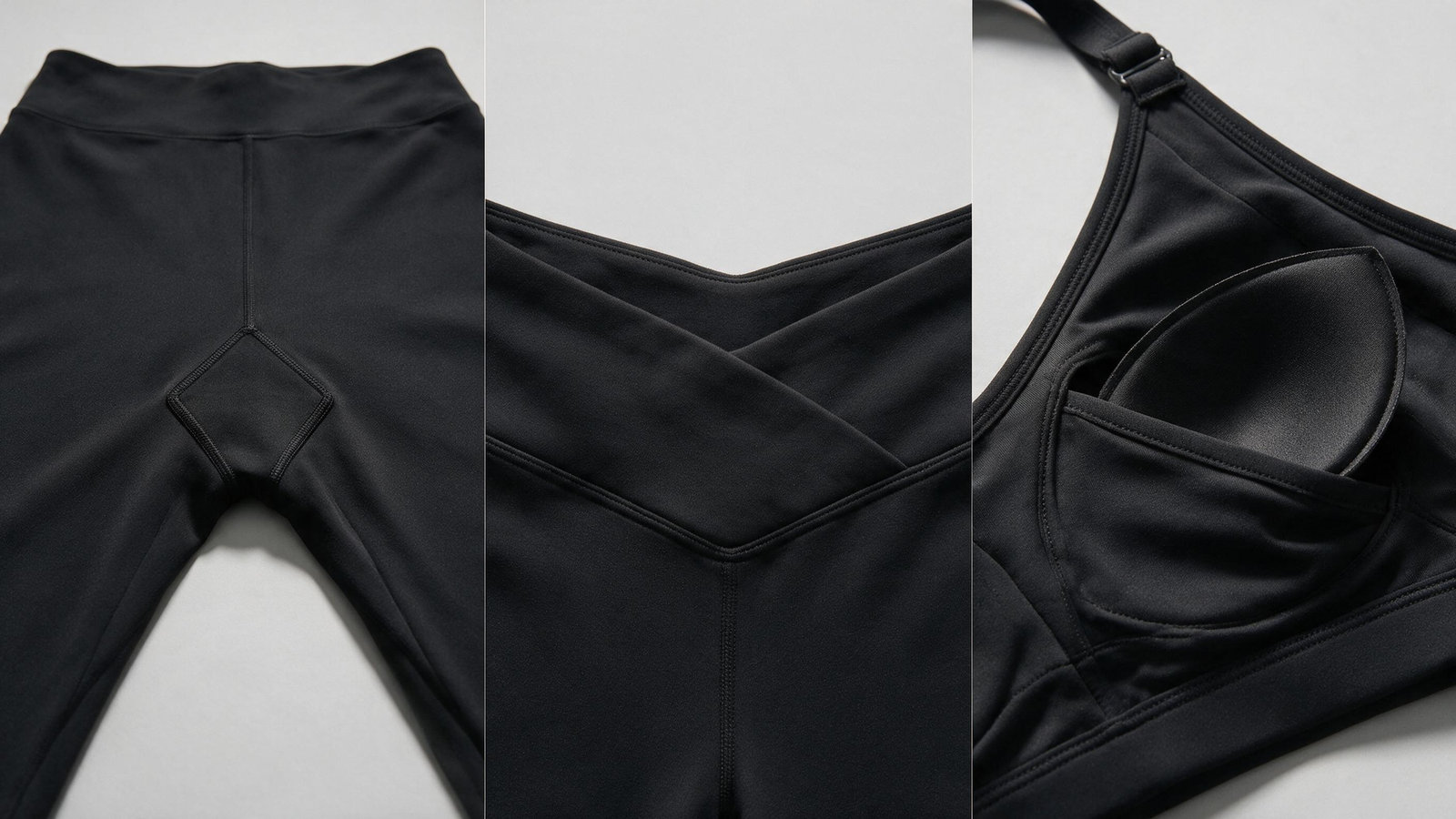 Yoga fit system — gusset, V-waistband, removable cup construction